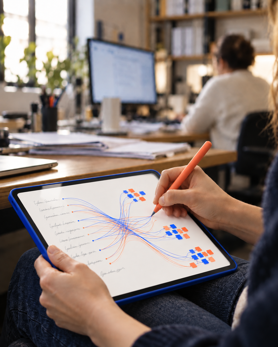 Hands drawing a process map on a tablet during field observation
