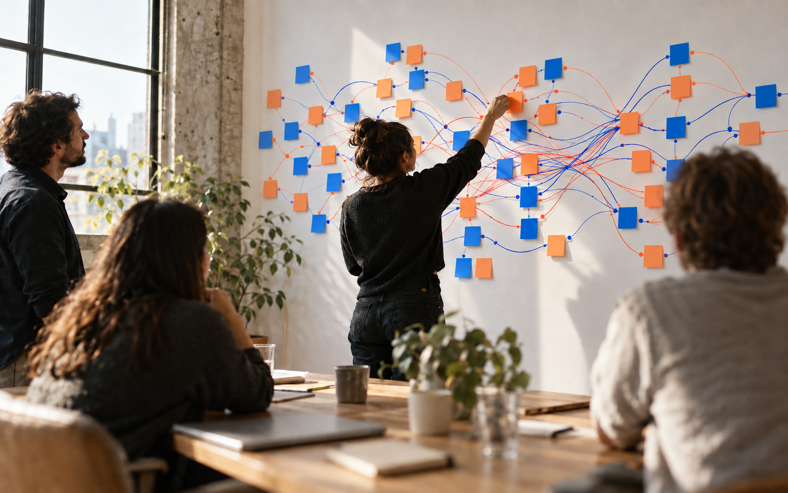 Process mapping session with sticky notes on a wall